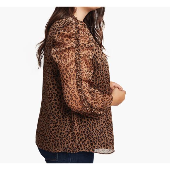 Cece Emery Ruffled Sheer Sleeve Leopard Print Shirt Womens Plus Size 1X - Picture 2 of 5